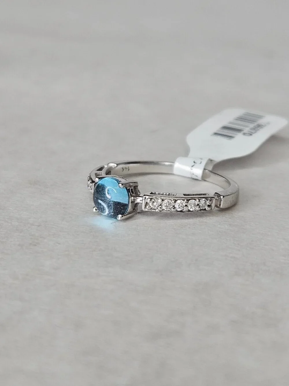 Sonia B 14K White Gold Cabochon Blue Topaz 5mm & Diamond Ring Band Size 9